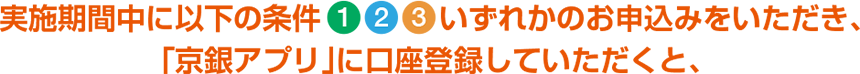 実施期間中に以下の条件①②③いずれかのお申込みをいただき、「京銀アプリ」に口座登録していただくと、