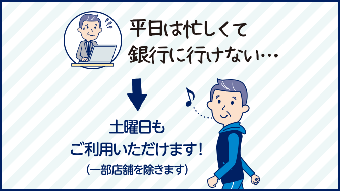 平日は忙しくて銀行に行けない…。土曜日もご利用いただけます！（一部店舗を除きます）