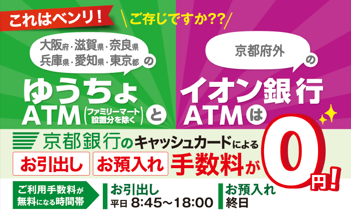 大阪府・滋賀県・奈良県・兵庫県・愛知県・東京都のゆうちょATM（ファミリーマート設置分を除く）と、虚と府外のイオン銀行ATMは、京都銀行のキャッシュカードによるお引出し・お預入れ手数料が0円！