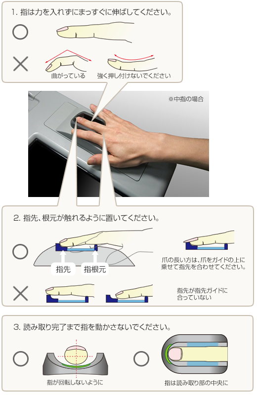 1. 指は力を入れずにまっすぐに伸ばしてください。／2. 指先、根元が触れるように置いてください。／3. 読み取り完了まで指を動かさないでください。