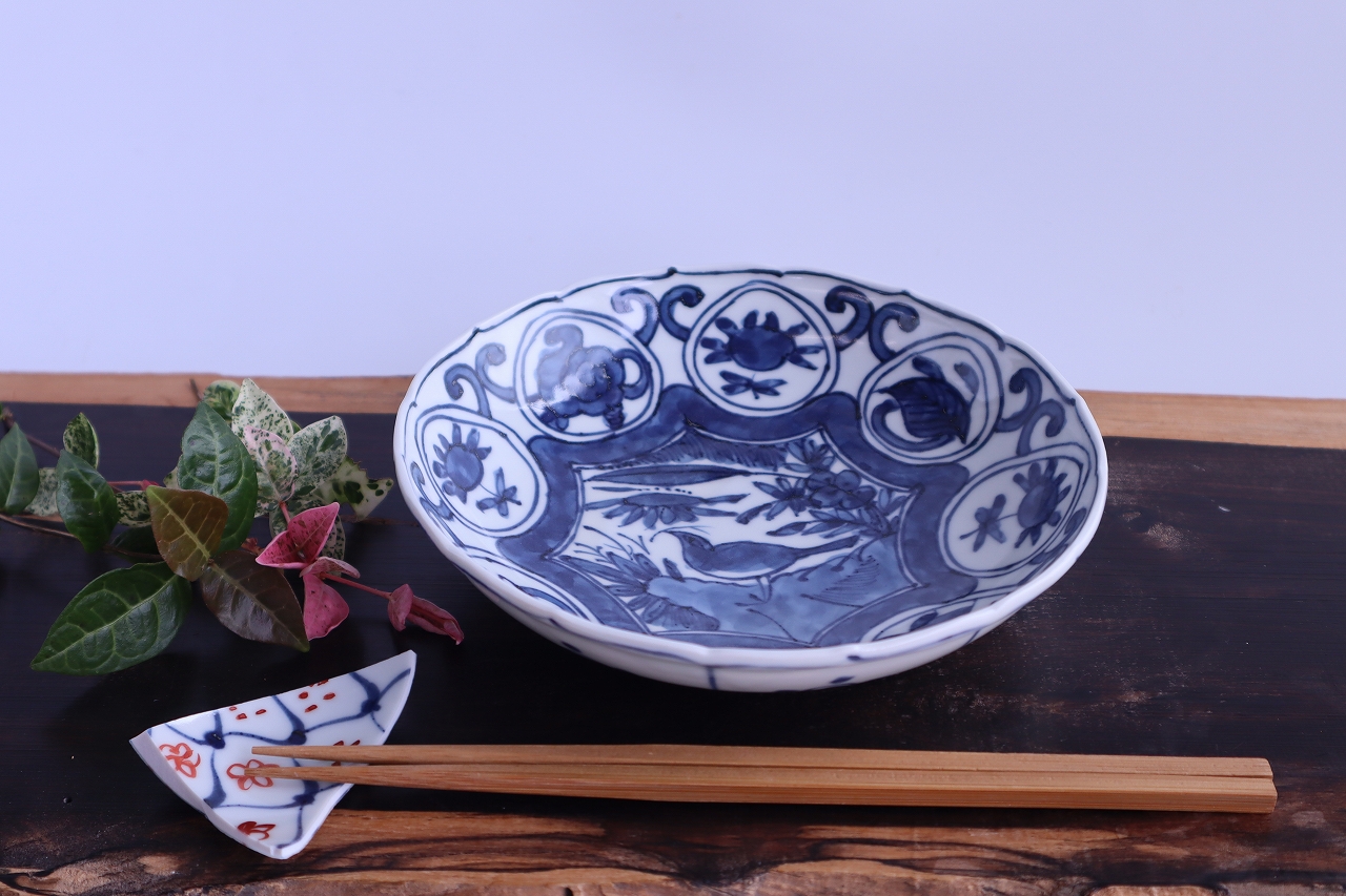 染付芙蓉手花鳥文平向付