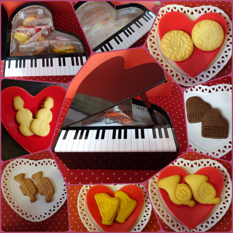 グランドピアノの貼り箱に音符や楽器のクッキー６種類詰め合わせ♪
