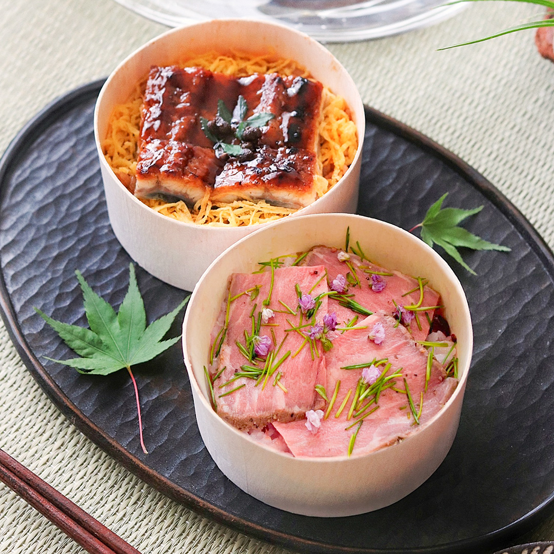 国産鰻と和牛のローストビーフのわっぱご飯（２種各２個）