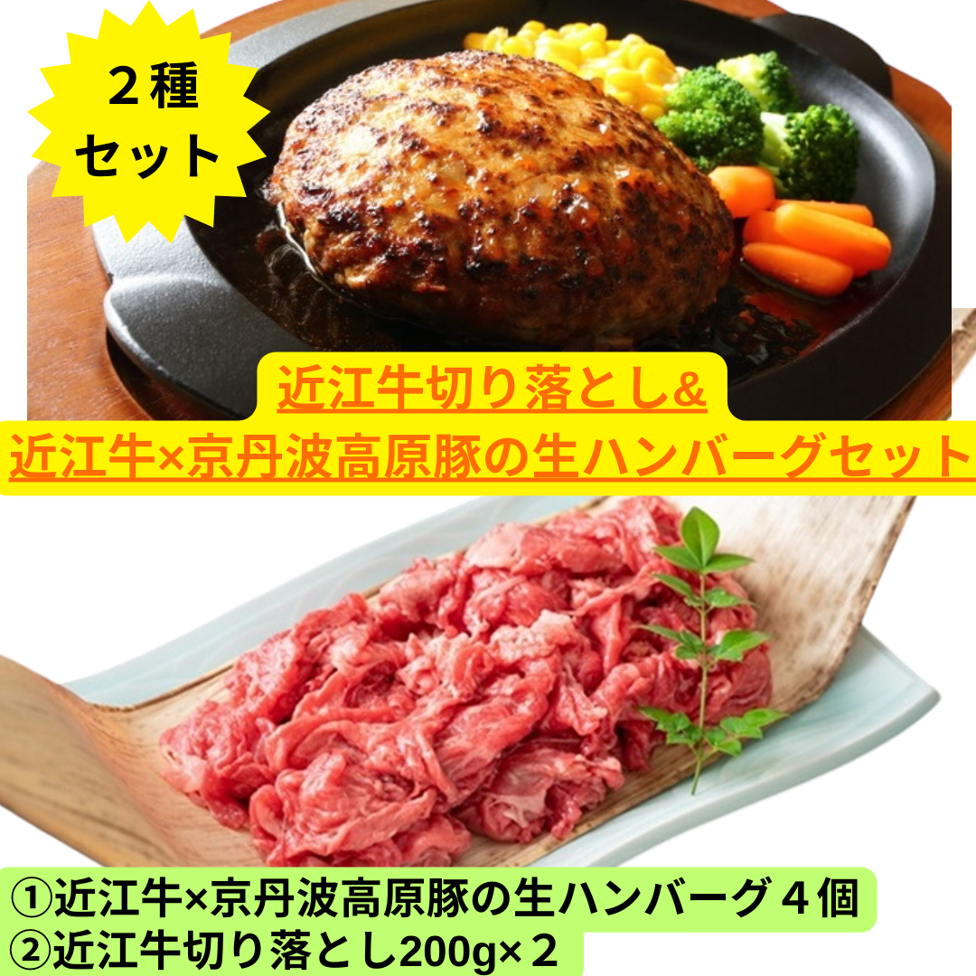 近江牛切り落とし（200g×2P）＆ 近江牛×京丹波高原豚の生ハンバーグ（4個）セット 冷凍