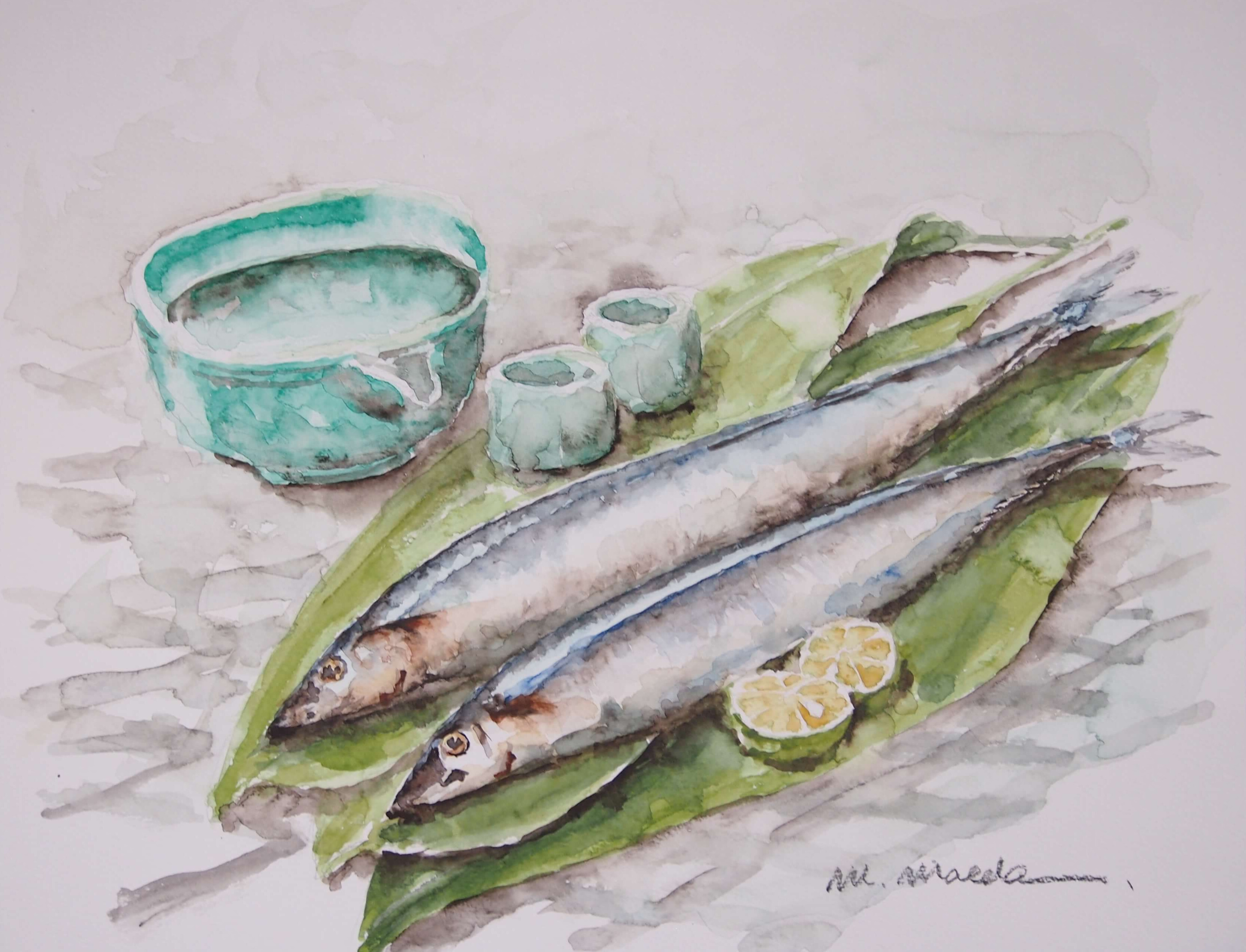 秋刀魚と日本酒（水彩画） by M.Maeda