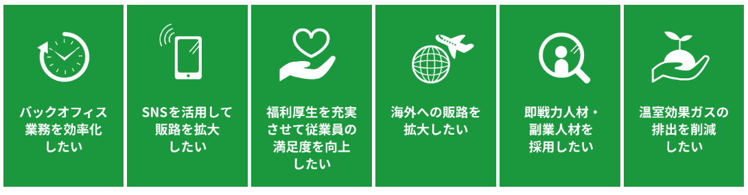 バックオフィス業務を効率化したい　SNSを活用して販路を拡大したい　福利厚生を充実させて従業員の満足度を向上したい　海外への販路を拡大したい　即戦力人材・副業人材を採用したい　温室効果ガスの排出を削減したい