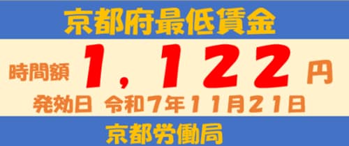 京都府最低賃金　時間額1,122円　発行日令和7年11月21日　京都労働局