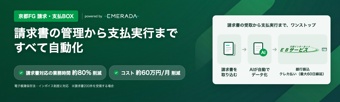 京都FG 請求・支払BOX　poweredbyEMERADA 請求書の管理から支払実行まですべて自動化　請求書対応の業務時間約80％削減　コスト約60万円/月削減　※請求書200件を受領する場合
