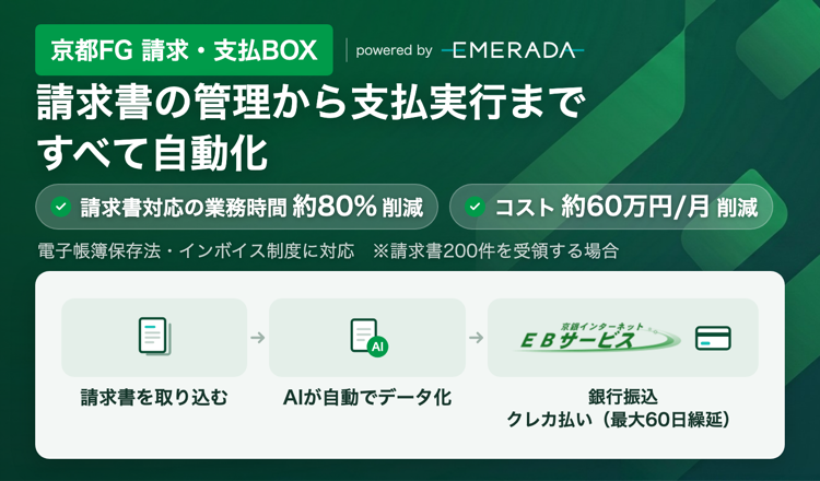 京都FG 請求・支払BOX　poweredbyEMERADA 請求書の管理から支払実行まですべて自動化　請求書対応の業務時間約80％削減　コスト約60万円/月削減　※請求書200件を受領する場合
