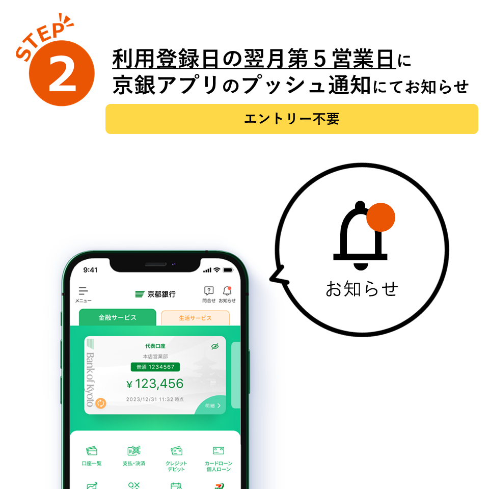 ②利用登録日の翌月第5営業日に京銀アプリのプッシュ通知にてお知らせ（エントリー不要）