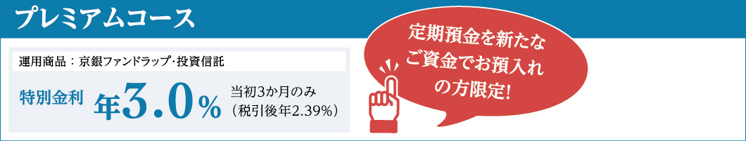 プレミアムコース　運用商品：京銀ファンドラップ・投資信託　特別金利年3.0％当初3か月のみ（税引後年2.39％）定期預金を新たなご資金でお預入れの方限定！