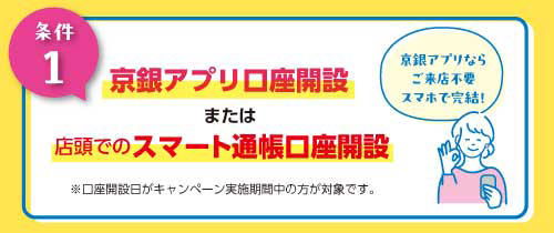 条件１：「京銀アプリ口座開設」または「店頭スマート通帳口座開設」　※口座開設日がキャンペーン実施期間中の方が対象です。