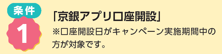 条件１：「京銀アプリ口座開設」　※口座開設日がキャンペーン実施期間中の方が対象です。