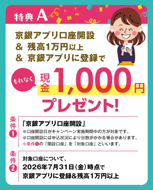 特典A：京銀アプリ口座開設＆残高１万円以上＆京銀アプリに登録でもれなく現金1,000円プレゼント！