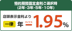 特約期間固定金利ご選択時(2年・3年・5年・10年) 店頭表示金利より一律年-1.95%