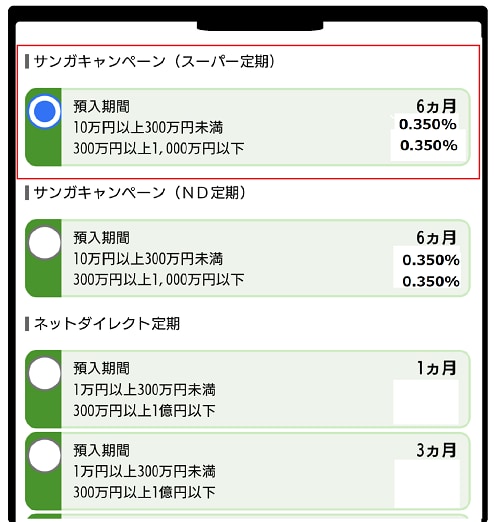 サンガキャンペーン（スーパー定期）を選択イメージ