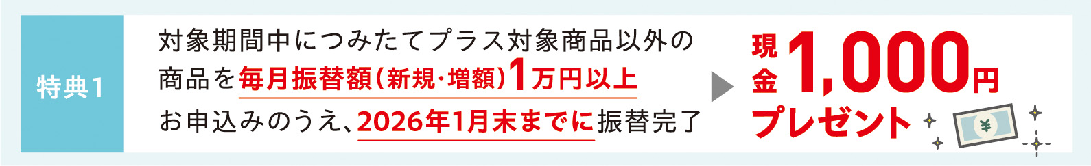 特典1　対象期間中につみたてプラス対象商品以外の商品を毎月振替額（新規・増額）1万円以上お申込みのうえ、2026年1月末までに振替完了　現金1,000円プレゼント