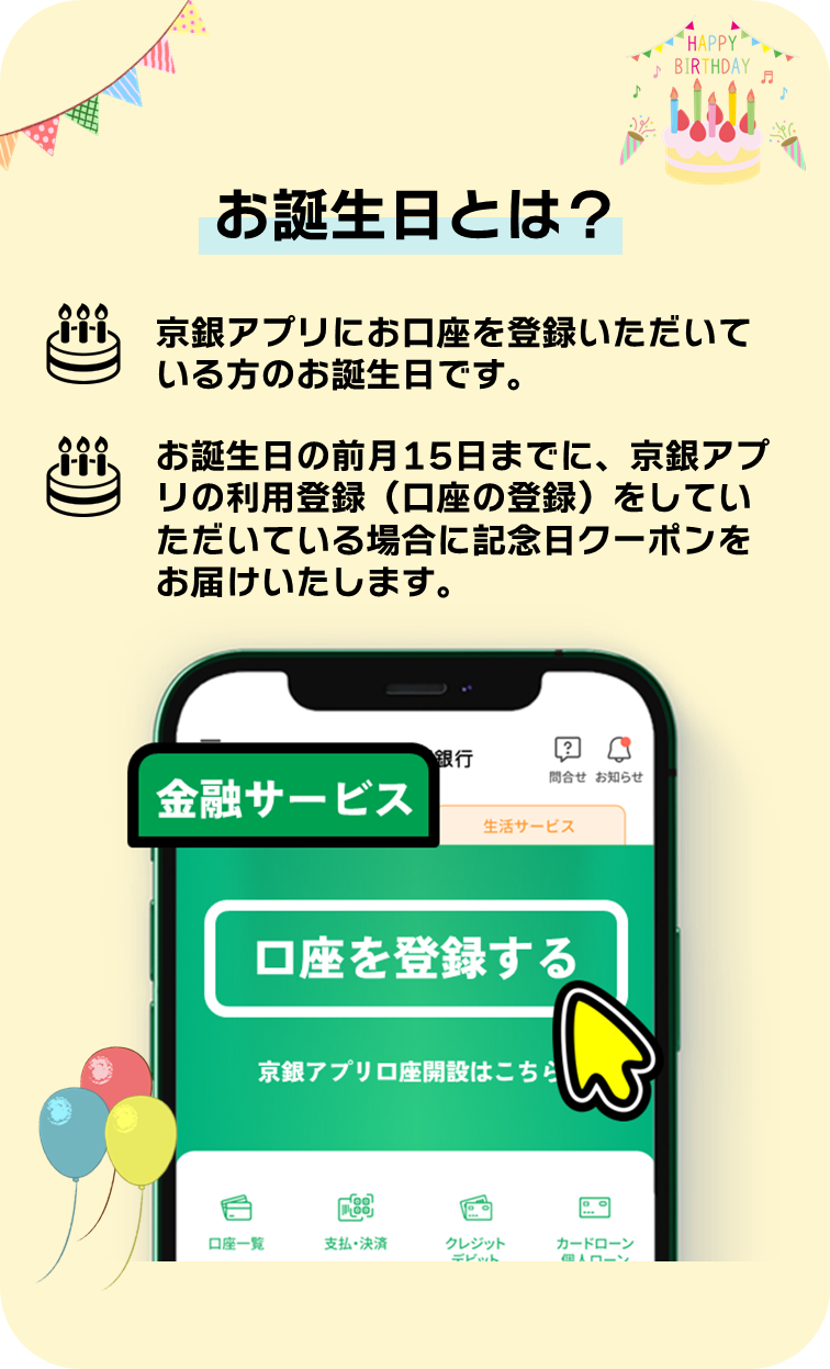 お誕生日とは、京銀アプリにお口座と登録いただいている方のお誕生日です。
