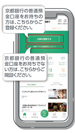 京都銀行の普通預金口座をお持ちの方は口座を登録するボタンからご登録ください。京都銀行の普通預金口座をお持ちでない方は京銀アプリ口座開設はこちらボタンからご登録ください。