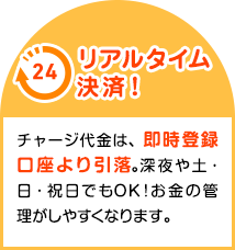 リアルタイム決済！チャージ代金は、即時登録口座より引落。深夜や土・日・祝日でもＯＫ！お金の管理がしやすくなります。