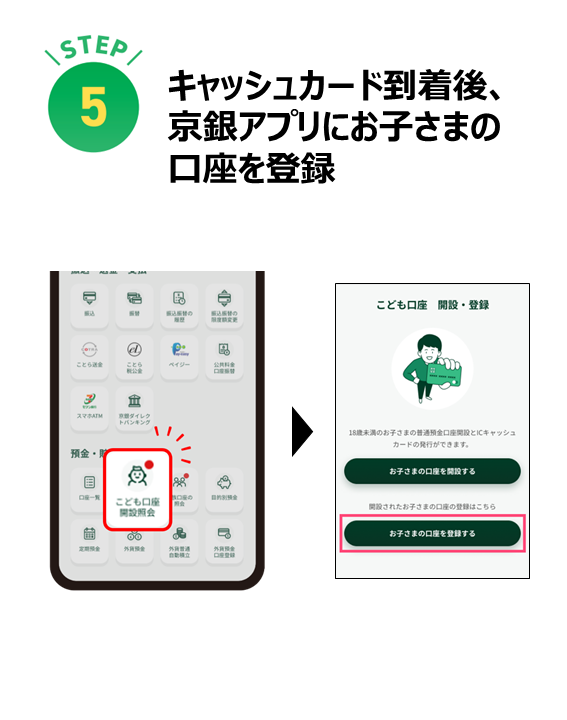 キャッシュカード到着後、 京銀アプリにお子さまの 口座を登録