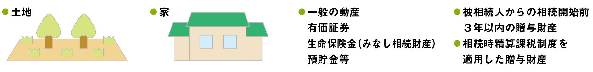 土地。家。一般の動産（有価証券、生命保険金（みなし相続財産）、預貯金等）。被相続人からの相続開始前3年以内の贈与財産。相続時精算課税制度を適用した贈与財産