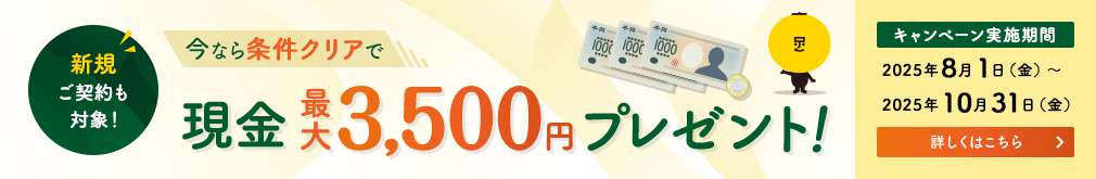新規ご契約も対象！今なら条件クリアで現金最大3,500円プレゼント！詳しくはこちら