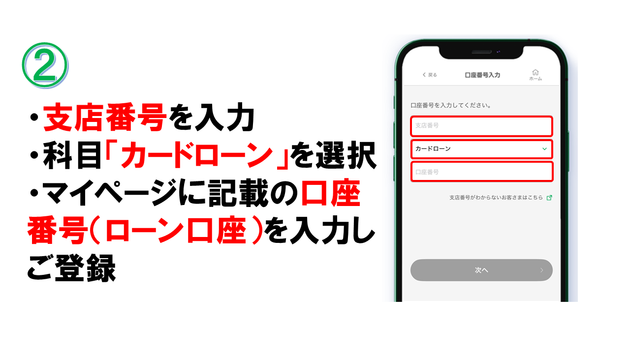 ２．支店番号を入力→科目「カードローン」を選択→マイページに記載の口座番号（ローン口座）を入力しご登録