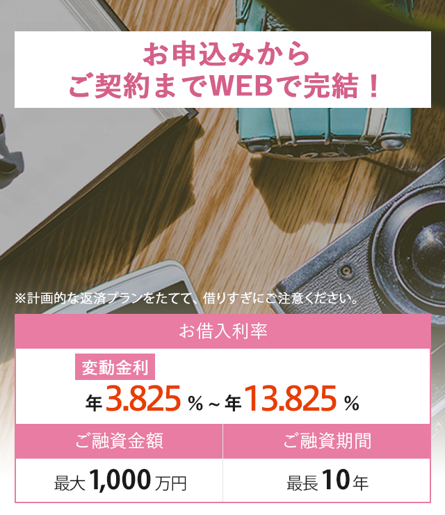 お借入利率が変動金利：年3.675％～年13.675％。ご融資金額：最大1,000万円。ご融資期間：最長10年。※計画的な返済プランをたてて、借りすぎにご注意ください。お借り換えおまとめOK！