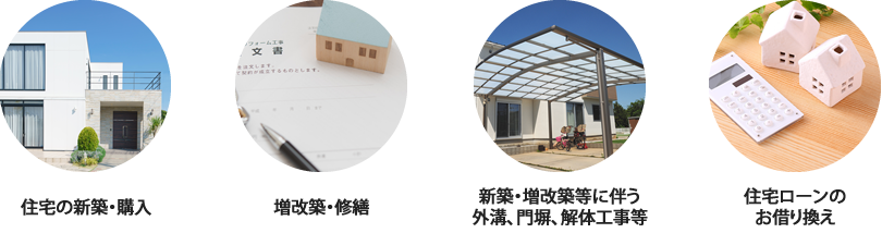 住宅の新築・購入／増改築・修繕／新築・増改築等に伴う外溝、門堀、解体工事等／住宅ローンのお借入れ