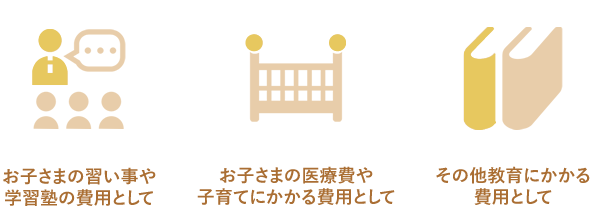 お子さまの習い事や学習塾の費用として、お子さまの医療費や子育てにかかる費用として、その他教育にかかる費用として