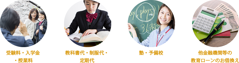 ・受験料、入学金、授業料・教科書代、制服代、定期代・塾、予備校・他金融機関等の教育ローンのお借換え