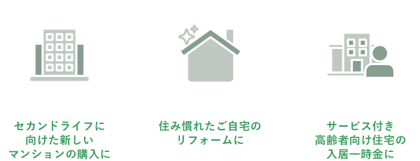 セカンドライフに向けた新しいマンションの購入に。住み慣れたご自宅のリフォームに。サービス付き高齢者向け住宅の入居一時金に。