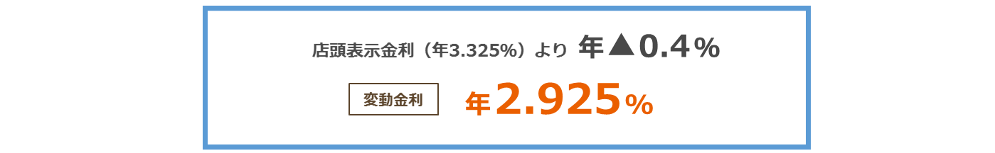 店頭表示金利（年3.075％）より年0.4％引き下げ ＜変動金利＞年2.675％