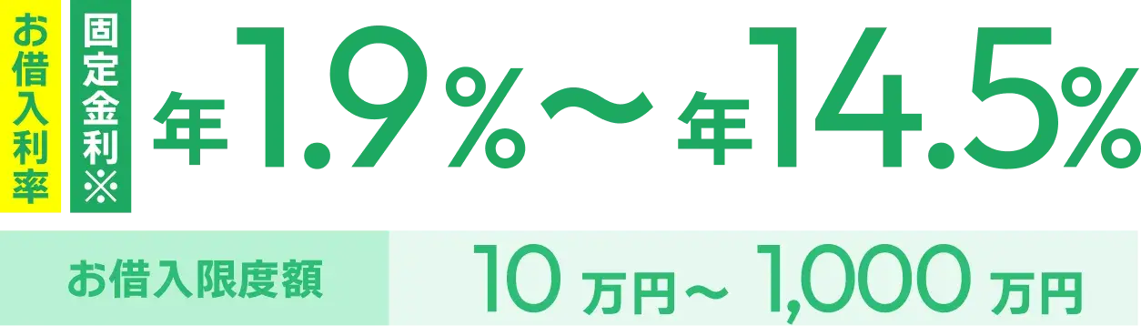 お借入利率：年1.9％～年14.5％（固定金利）お借入限度額：10万円～1,000万円