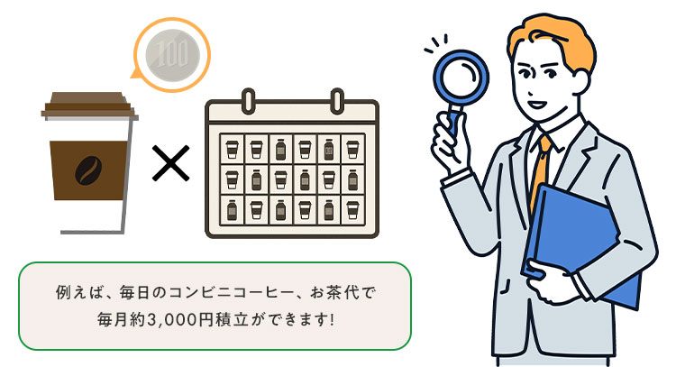 例えば、毎日のコンビニコーヒー、お茶代で毎月約3,000円積立ができます!