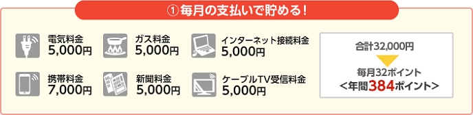 1.毎月の支払いで貯める！電気料金5,000円、ガス料金5,000円、インターネット接続料金5,000円、携帯料金7,000円、新聞料金5,000円、ケーブルTV受信料金5,000円で合計32,000円となり、毎月32ポイント、年間384ポイントが貯まります。