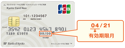 京都カードネオ（JCB）ではカード表面に有効期限月が掲載されています