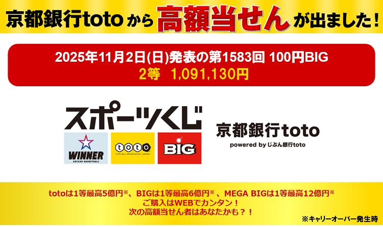 京都銀行totoから高額当せんが出ました！2025年11月2日（日）発表の第1583回 100円BIG 2等  1,091,130円