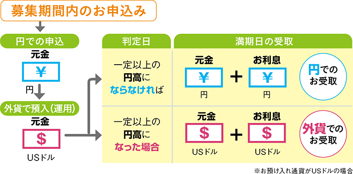 募集期間内のお申込み　円での申込元金円。外貨で預入（運用）現金USドル。判定日に一定以上の円高にならなければ満期日の受取元金とお利息を円でのお受取。一定以上の円高になった場合、満期日の受取元金とお利息をUSドル外貨でのお受取。※お預入れ通貨がUSドルの場合