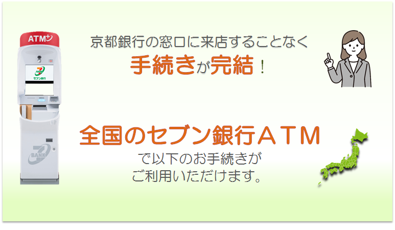 京都銀行の窓口に来店することなく手続きが完結！全国のセブン銀行ＡＴＭで以下の手続きがご利用いただけます。