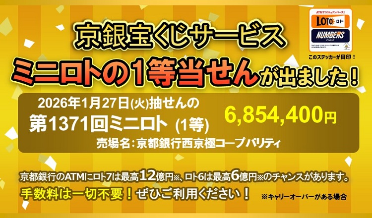 京銀宝くじサービス　ミニロトの１等当せんが出ました！京銀宝くじサービスをご利用のお客さまの当せん金2026年1月27日（火）抽せんの第1371回ミニロト（1等）6,854,400円　