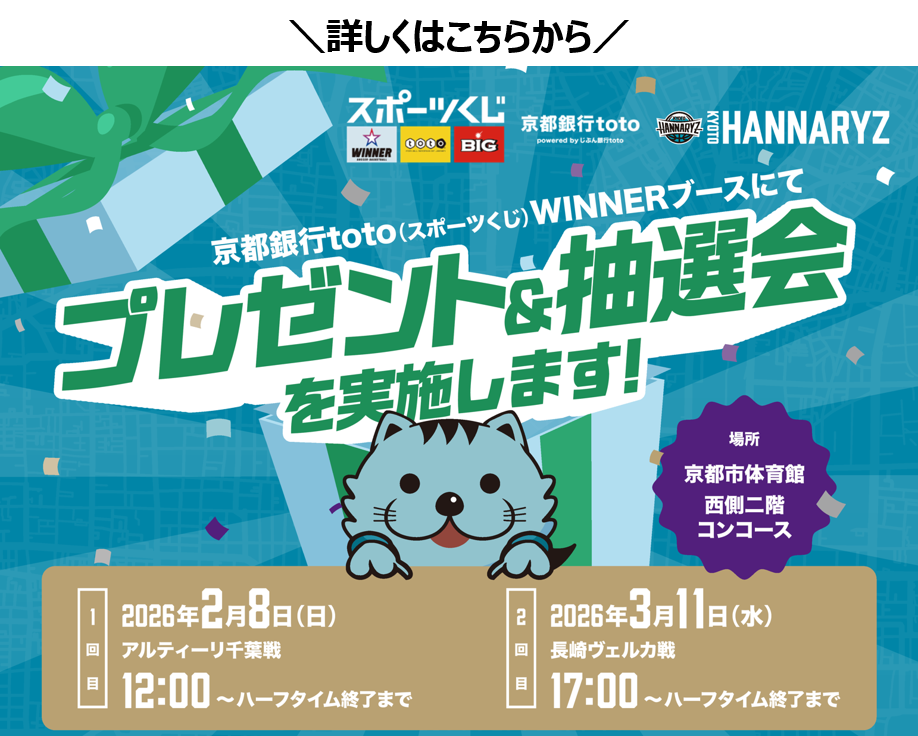 京都銀行toto（スポーツくじ）WINNERブースにてプレゼント抽選会を実施します。1回目2026年2月8日（日）アルティーリ千葉戦12：00～　2回目2026年3月11日（水）長崎ヴェルカ戦17：00～　場所　京都市体育館二階コンコース