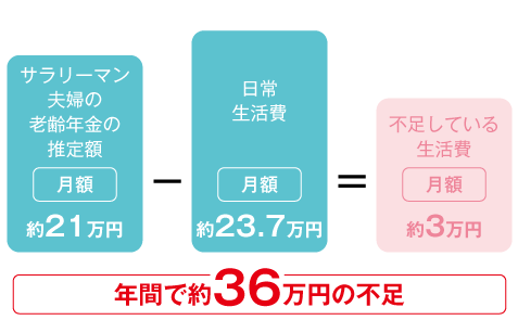 サラリーマン夫婦の老齢年金の推定額月額約2.1万円-日常生活費月額約23.7万円＝不足している生活費月額約3万円