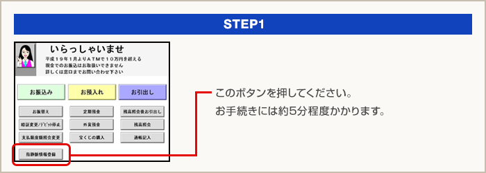 STEP1：指静脈情報登録ボタンを押してください。お手続きには約5分程度かかります。