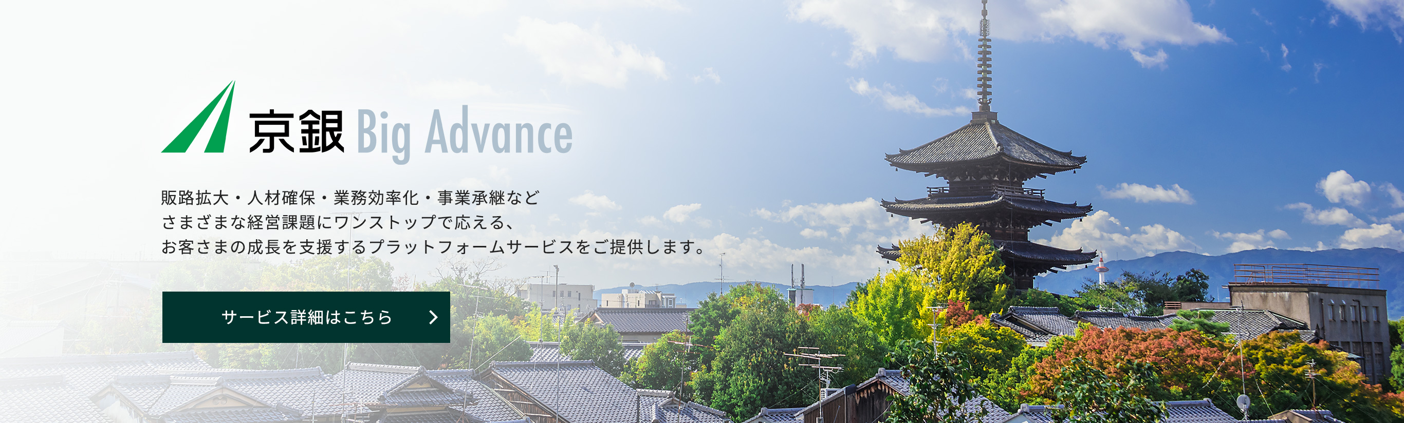 京銀Big Advance。販路拡大・人材確保・業務効率化・事業承継などさまざまな経営課題にワンストップで答える、お客さまの成長を支援するプラットフォームサービスをご提供します。サービス詳細はこちら
