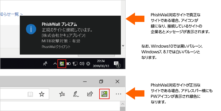 PhishWall対応サイトで真正なサイトである場合、アイコンが緑になり、接続しているサイトの企業名とメッセージが表示されます。なお、Windows10では黒バルーン、Windows7、8.1では白いバルーンとなります。PhishWall対応サイトが正当なサイトである場合、アドレスバー横にもPWアイコンが表示され緑色になります。