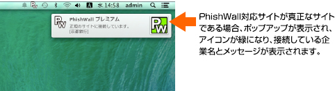 PhishWall対応サイトで真正なサイトである場合、ポップアップが表示され、アイコンが緑になり、接続している企業名とメッセージが表示されます。